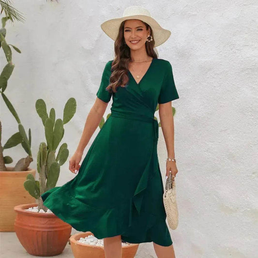 2025 Summer Solid Color Long Short Sleeve V-neck High Waist Tied Midi Dress - Velora