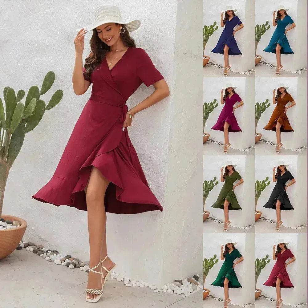 2025 Summer Solid Color Long Short Sleeve V-neck High Waist Tied Midi Dress - Velora