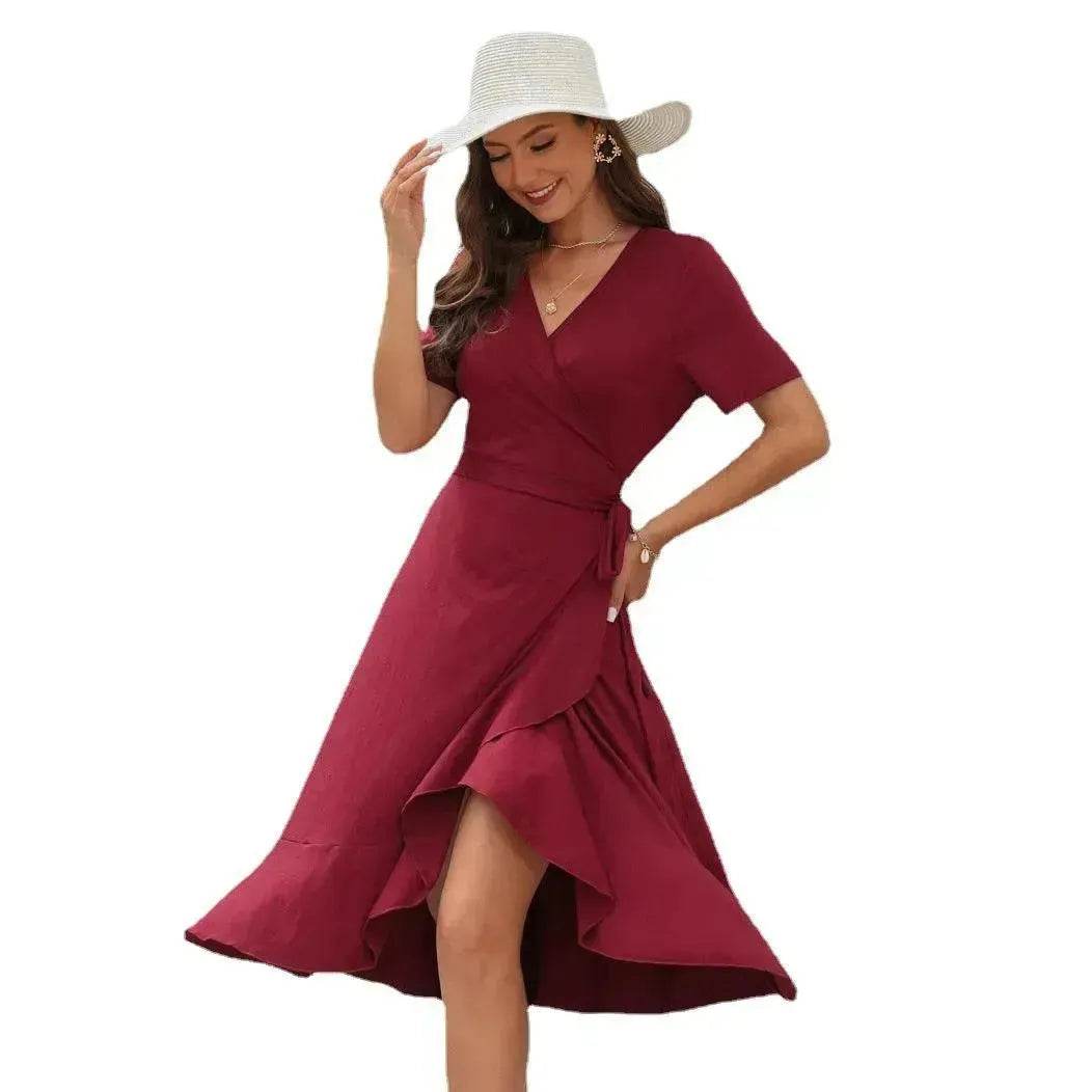 2025 Summer Solid Color Long Short Sleeve V-neck High Waist Tied Midi Dress - Velora