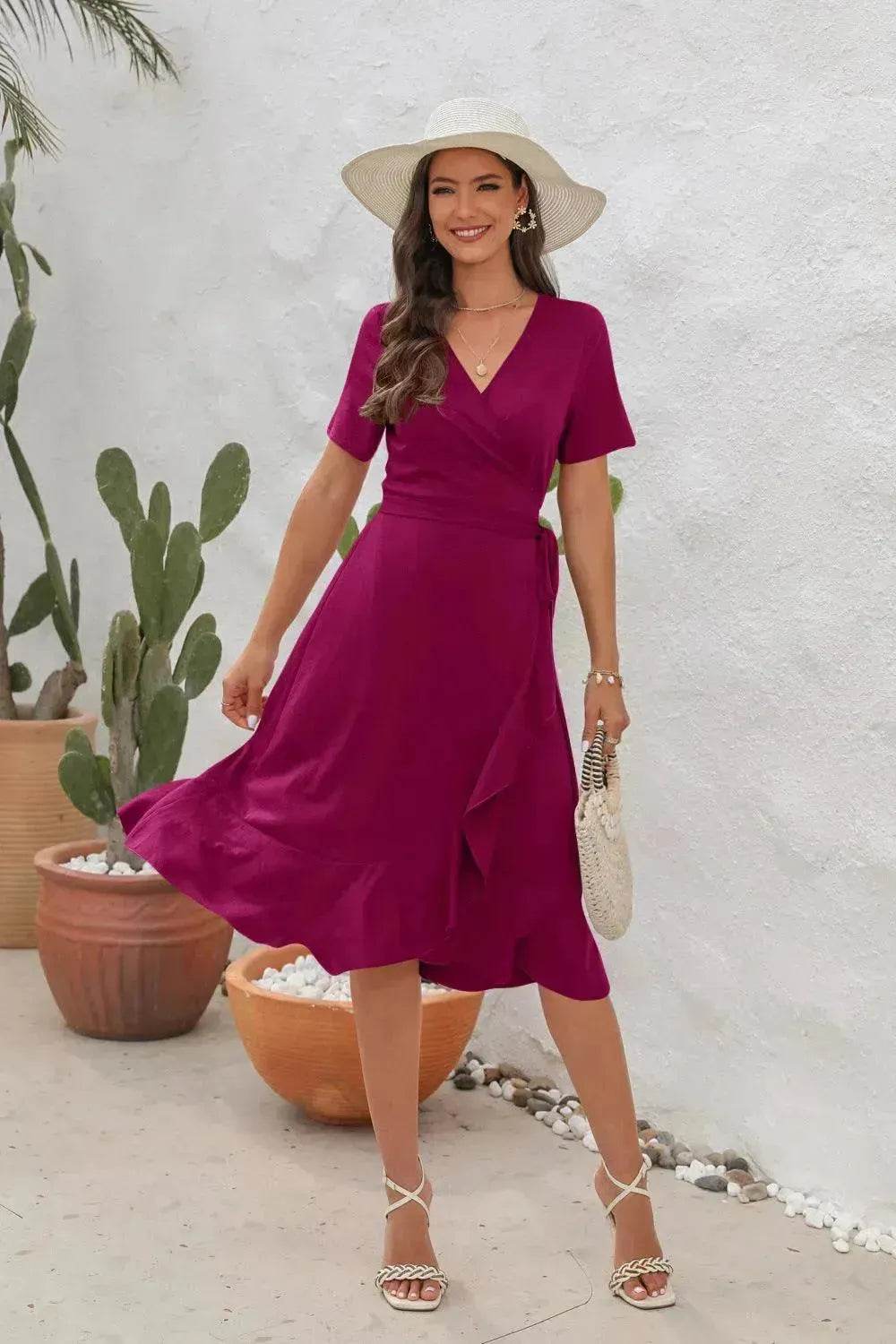 2025 Summer Solid Color Long Short Sleeve V-neck High Waist Tied Midi Dress - Velora