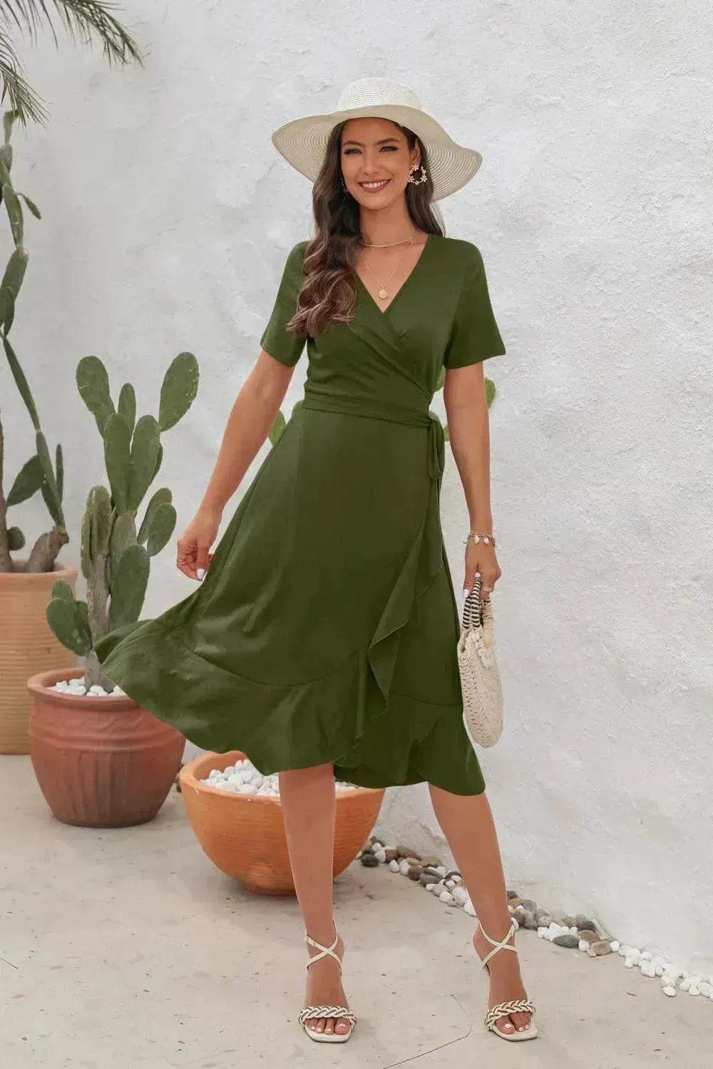 2025 Summer Solid Color Long Short Sleeve V-neck High Waist Tied Midi Dress - Velora