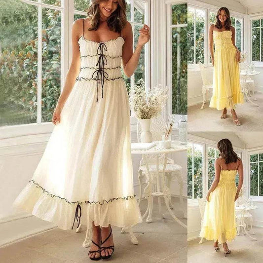 2025 Summer Suspender Spaghetti Strap Long Dresses With Bow Pleat Design Fashion Sweet Bow Beach Dress For Womens Clothing - Velora