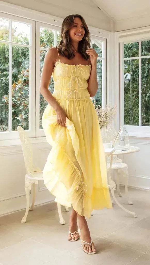 2025 Summer Suspender Spaghetti Strap Long Dresses With Bow Pleat Design Fashion Sweet Bow Beach Dress For Womens Clothing - Velora
