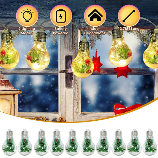 1Pc 13.78FT Christmas Snow Globe String Light Battery Powered 10 LED Bulbs Indoor Christmas Lights With Pine Needles Snowflakes Berries - Velora