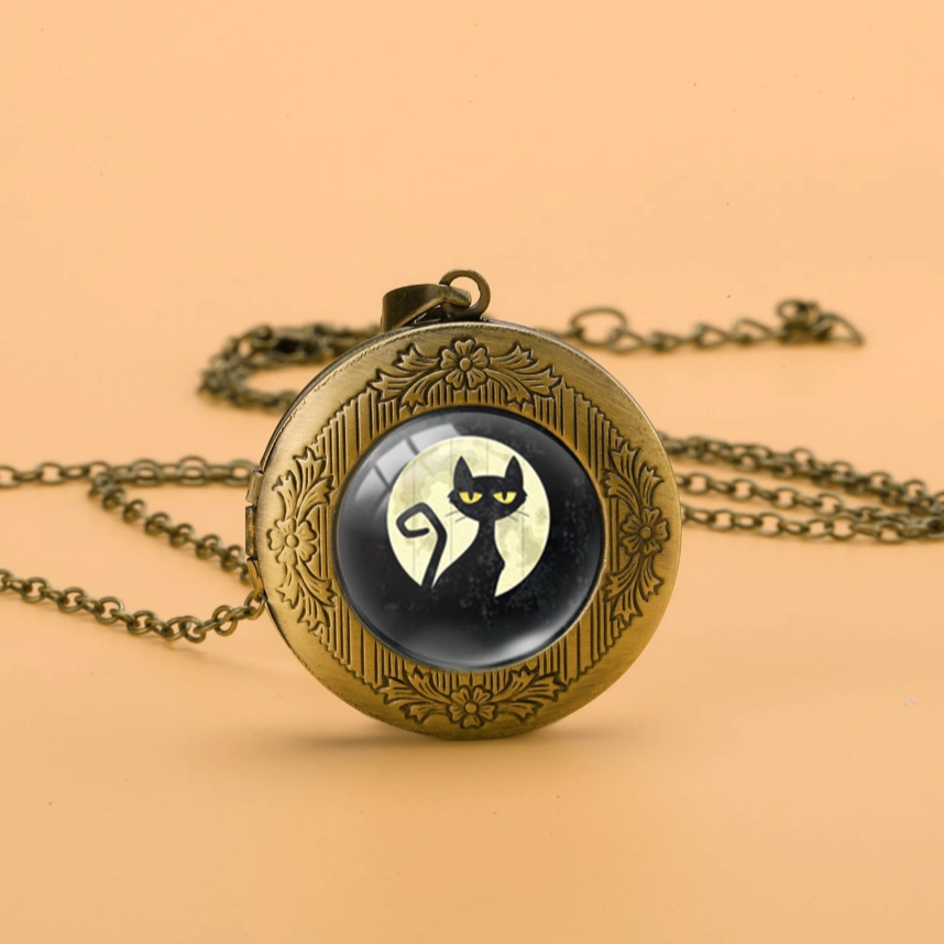 Black Cat Locket Necklace - Velora