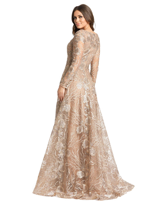 Floral Embroidered Long Sleeve Square Neck Gown