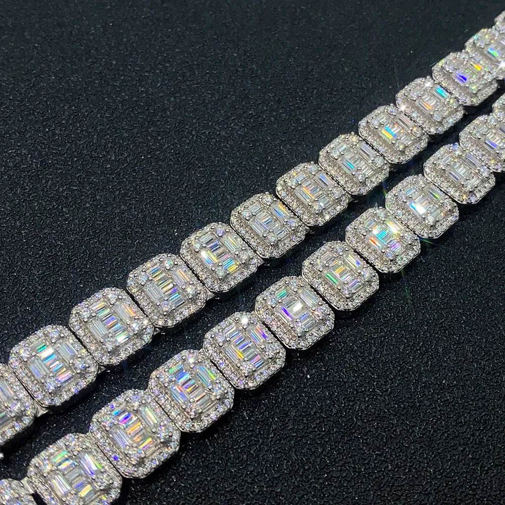 S925 Silver Inlay Rectangular Moissanite Diamond Cuban Link Chain
