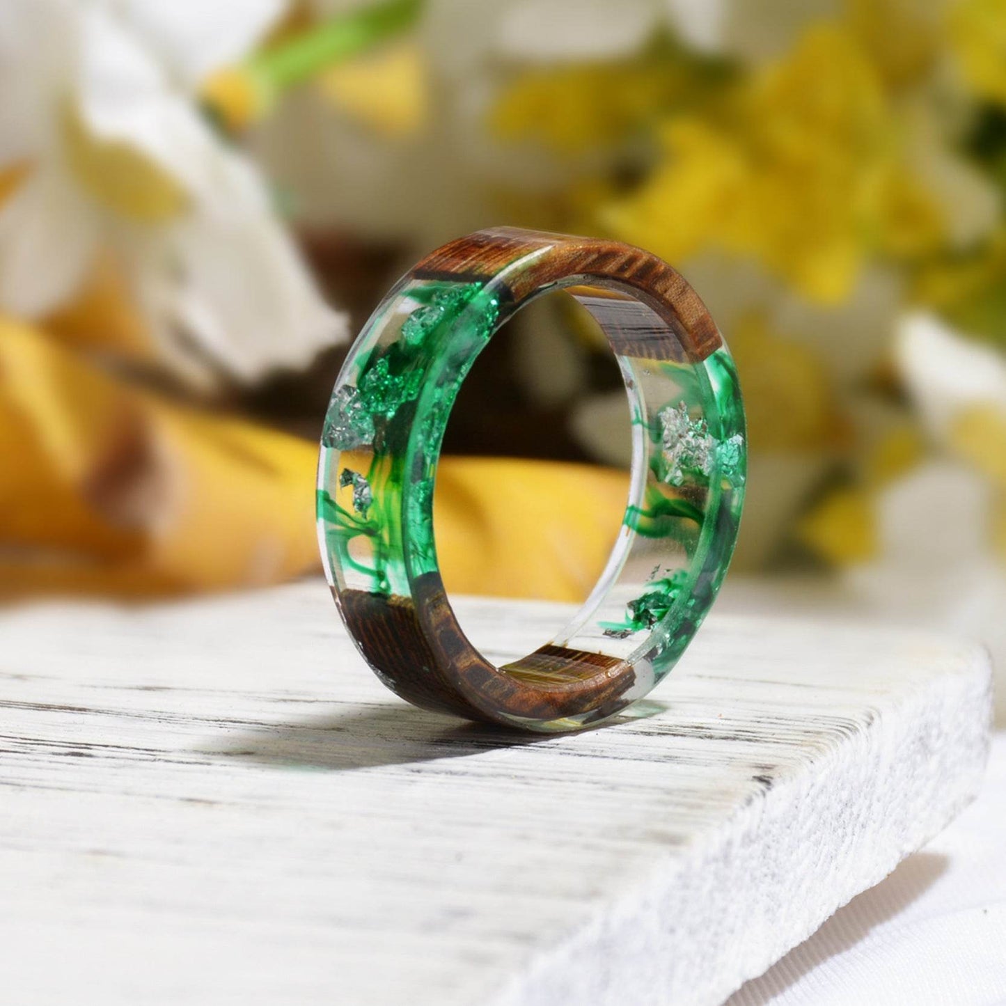 Handmade DIY romantic dry flower Real wood resin ring gold / silver paper inside ring women wedding party ring gifts for the lover - Velora