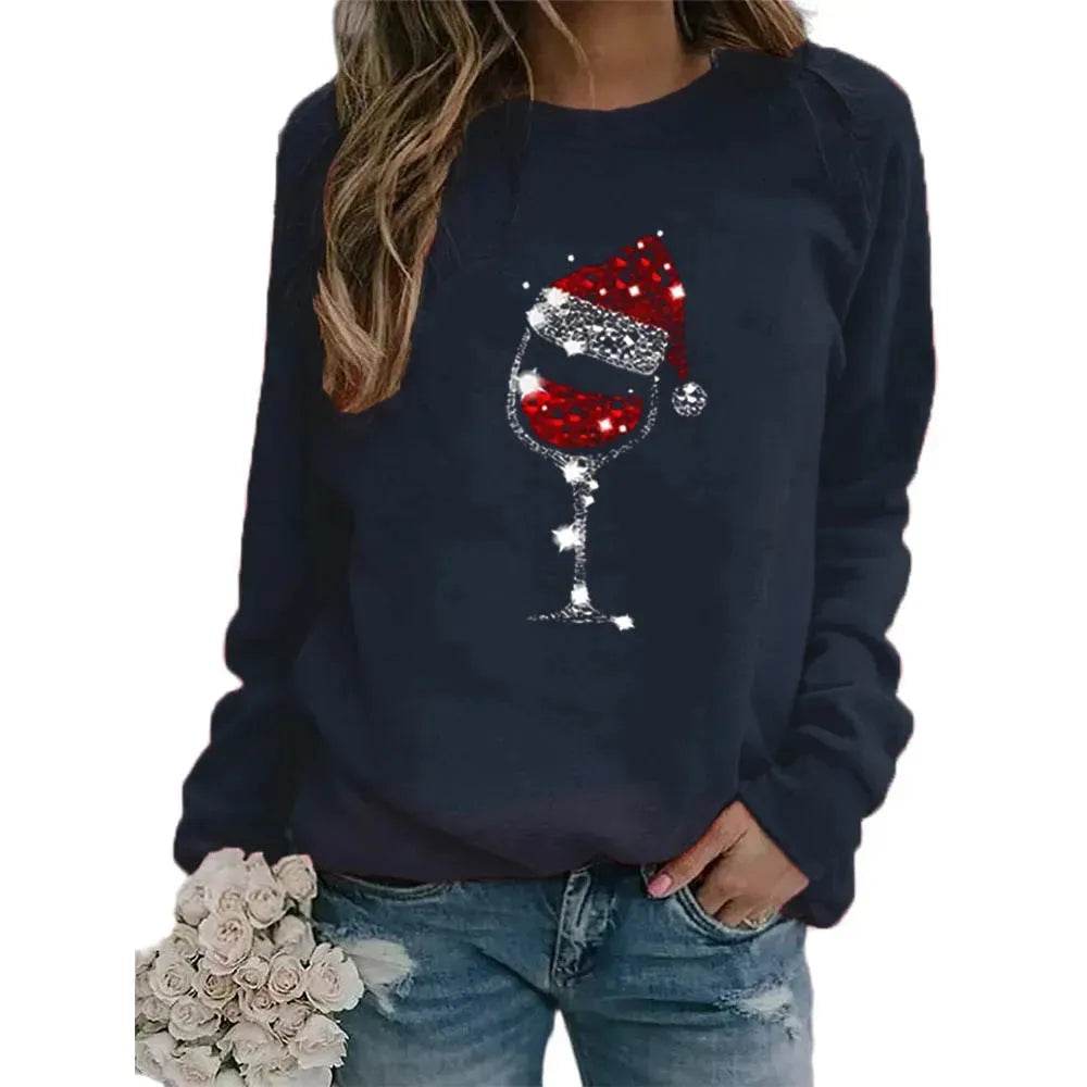 Clothing Christmas Women's Sweater Christmas Hat Red Wine Glass Graphic Print Crew Neck Long-sleeved Sweater - Velora