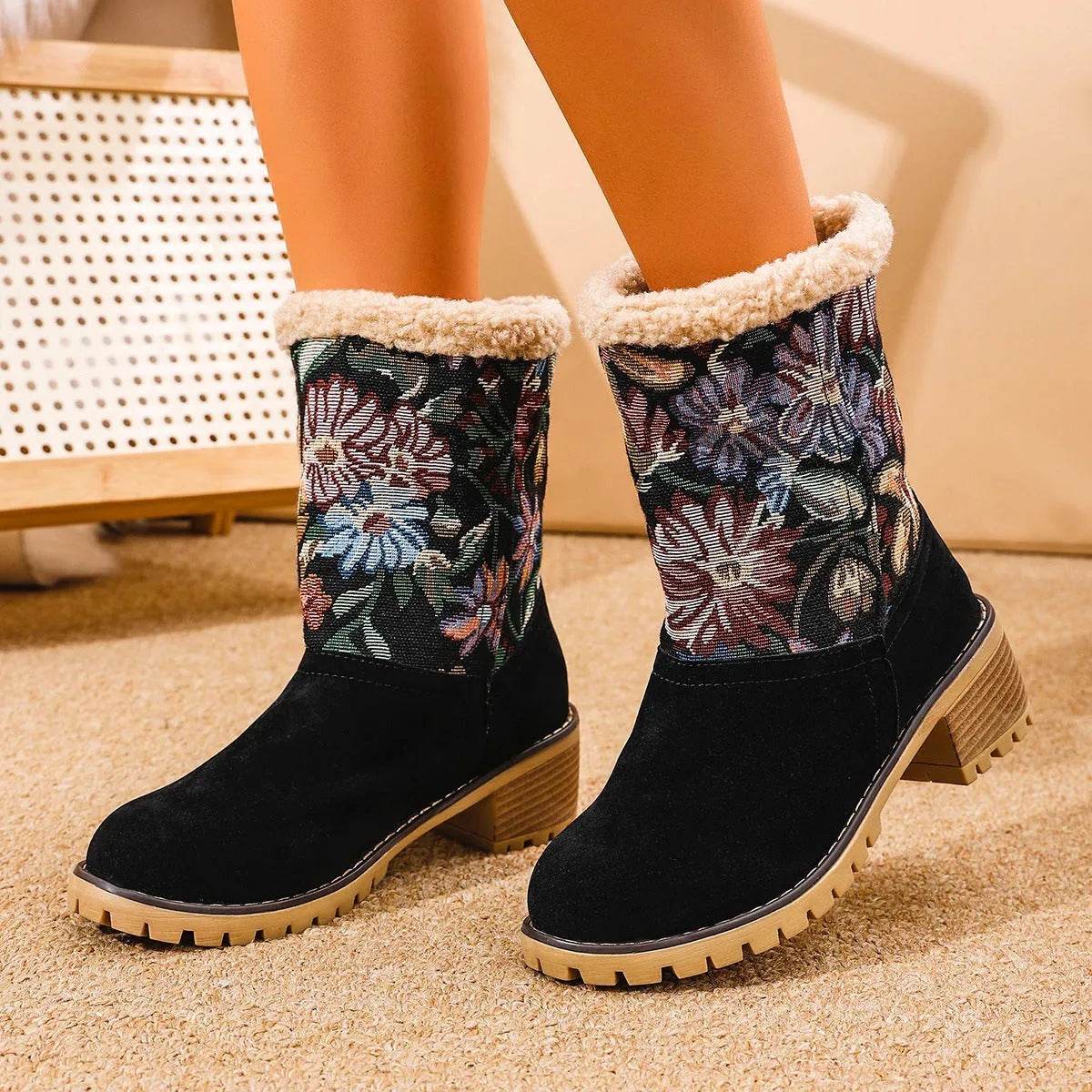 Flowers Embroidered Snow Boots Ethnic Style Platform Thick Square Heel Mid-tube Boot Winter Warm Cotton Shoes For Women - Velora