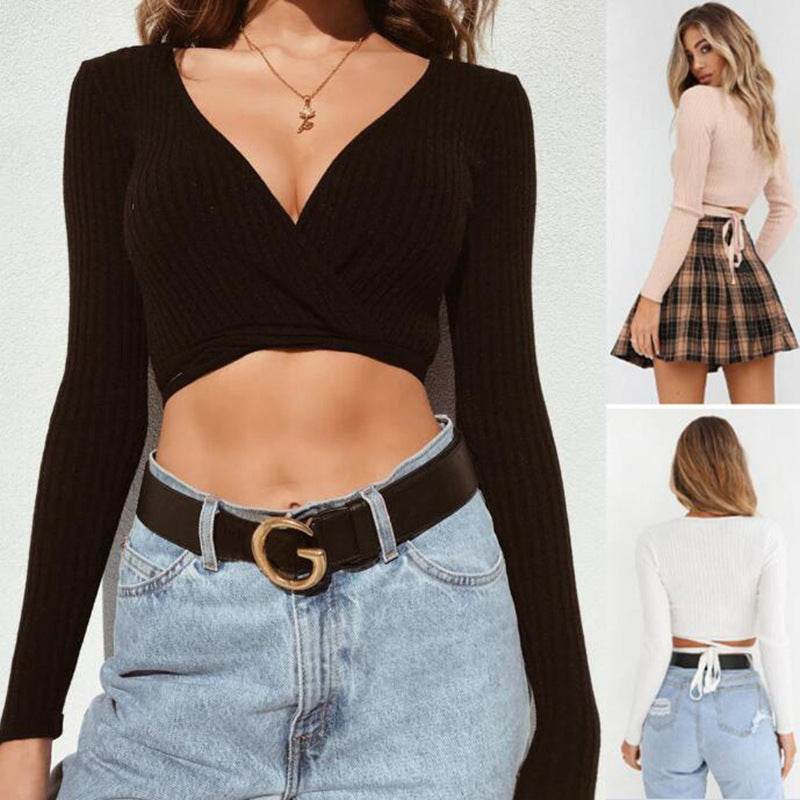 Sexy Women Ladies Summer Slim Crop Tops Long Sleeve T Shirt Casual Solid V Neck Knitted Short Tops - Velora