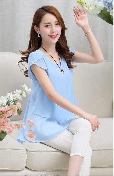 New Spring Summer Women Chiffon Loose Blouse top O-Neck Short sleeve Plus size - Velora