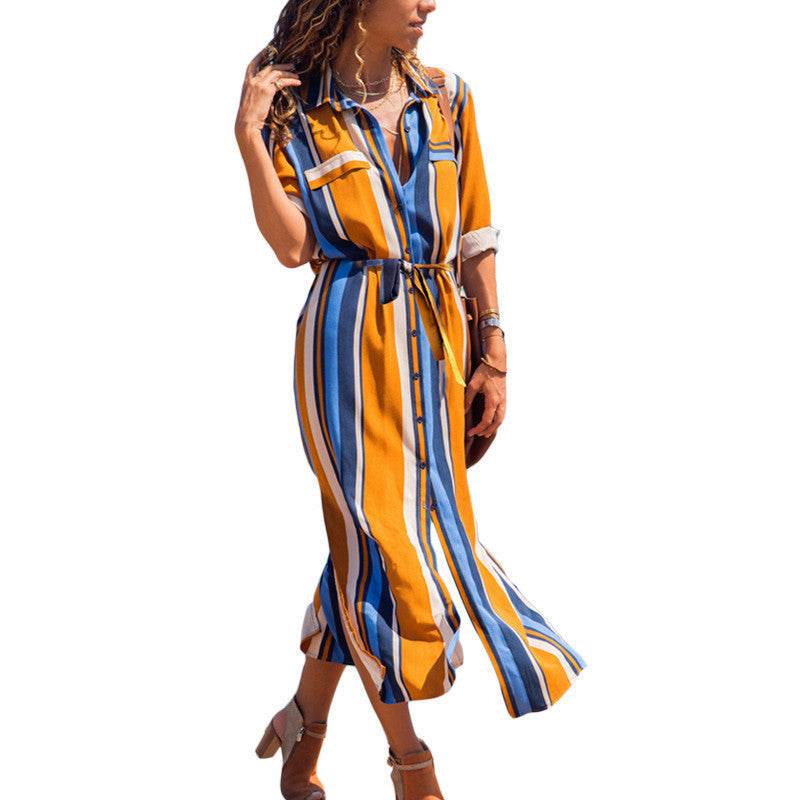 Stripe Shirt Women's Dress Spring Summer Chiffon V-neck Sexy Maxi Dresses Sexy Elegant Casual Girl Lace Women Long Sleeve - Velora
