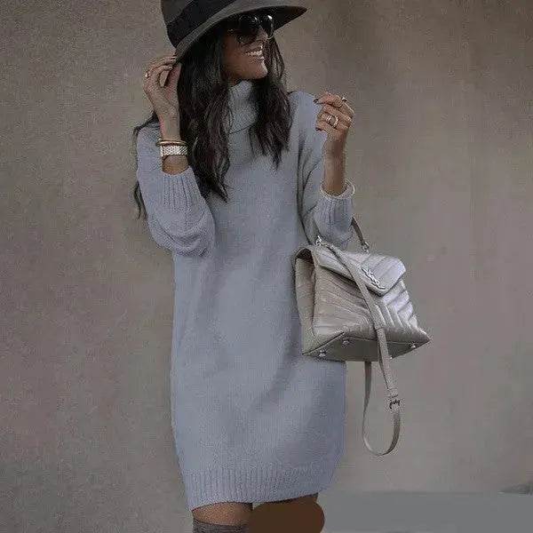 Autumn Winter Woolen Knitted Short Turtleneck Sweater Dress - Velora