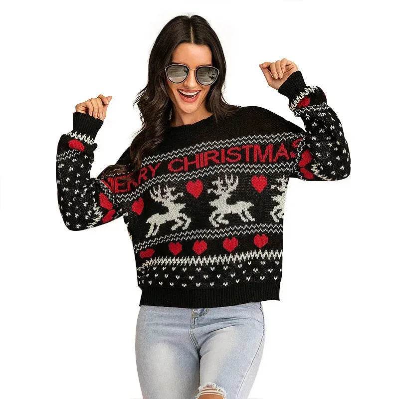 Christmas fawn Antics Reindeer Black pullover sweater - Velora