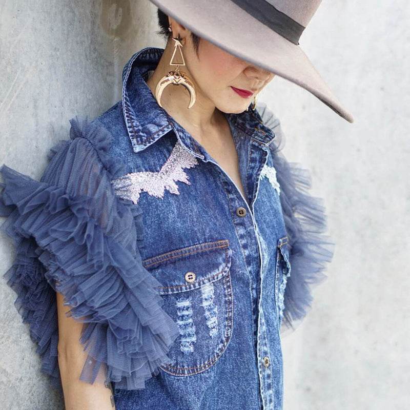 Single Breasted Lapel Frayed denim jacket Clothing top women - Velora