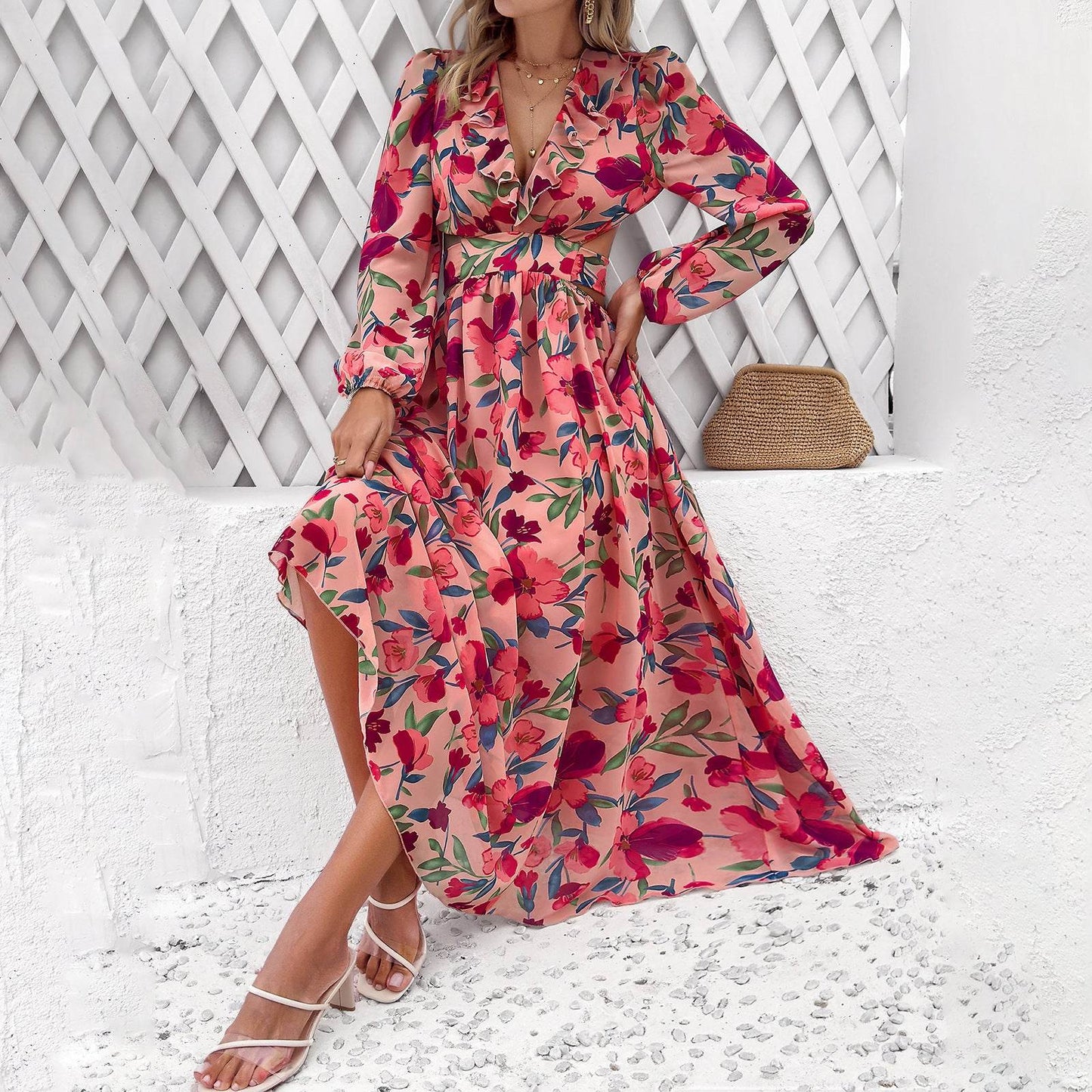 Fashion Florals Print Long Sleeve Dress Casual Holiday Tight-waisted V-neck Dresses Women Clothing - Velora