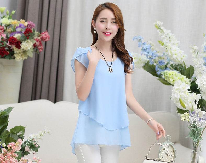New Spring Summer Women Chiffon Loose Blouse top O-Neck Short sleeve Plus size - Velora