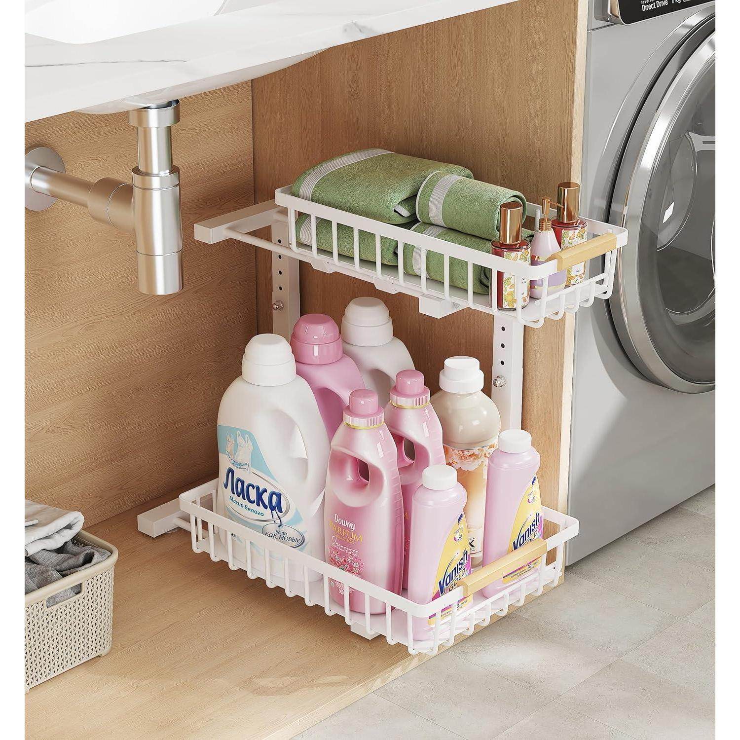 Metal Adjustable Height Two-Tier Drawer Kitchen Bathroom Under Sink Storage Rack - Velora