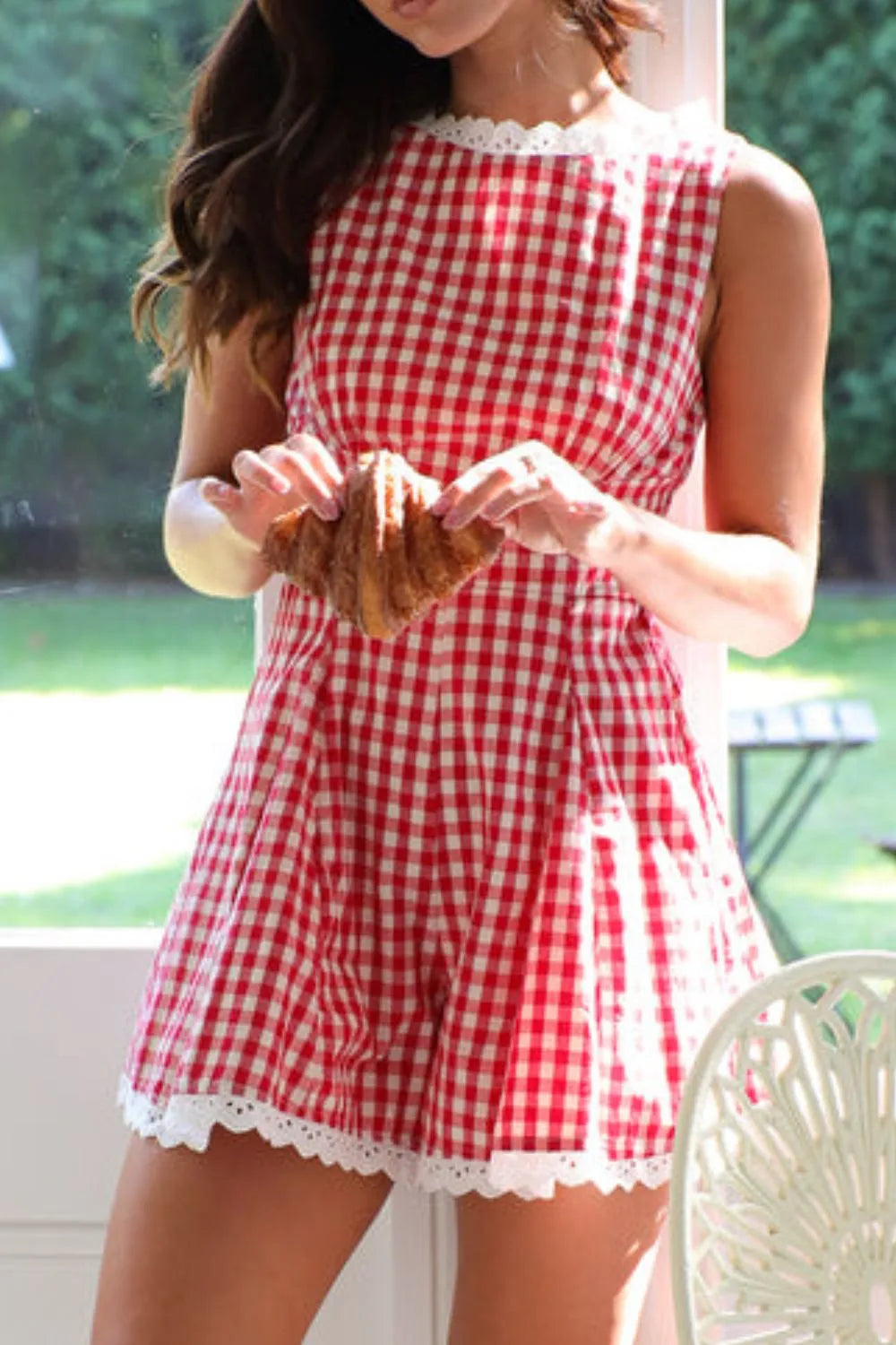 Lace Detail Plaid Sleeveless Romper - Velora