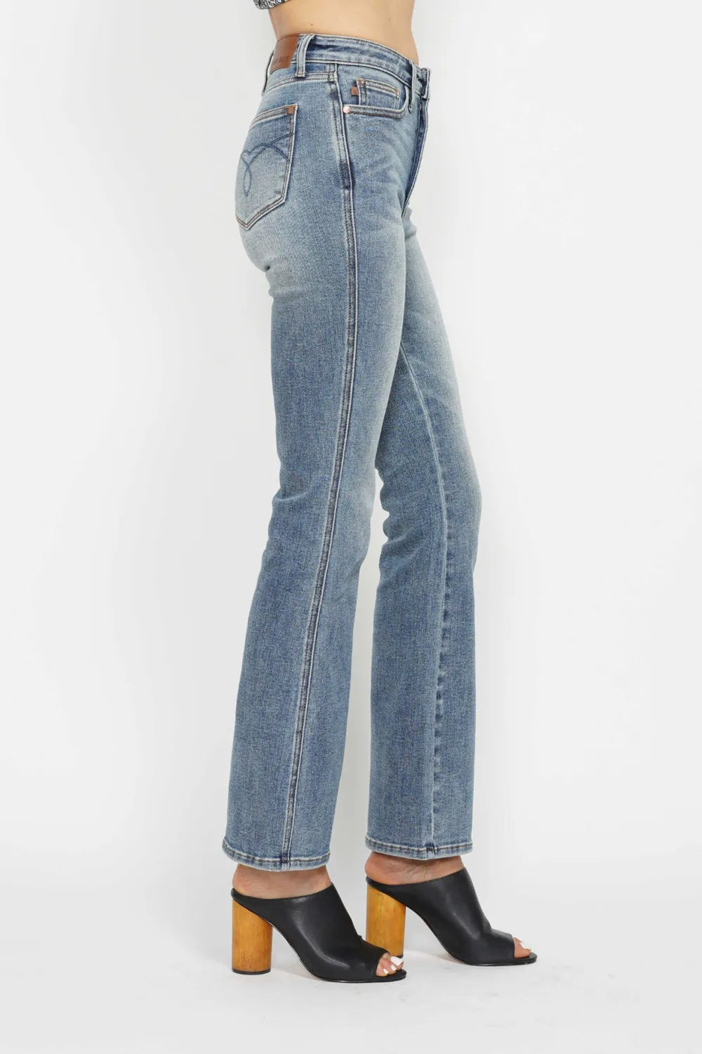 Judy Blue Full Size Tummy Control Back Embroidered Pocketed Bootcut Jeans Plus Size - Velora