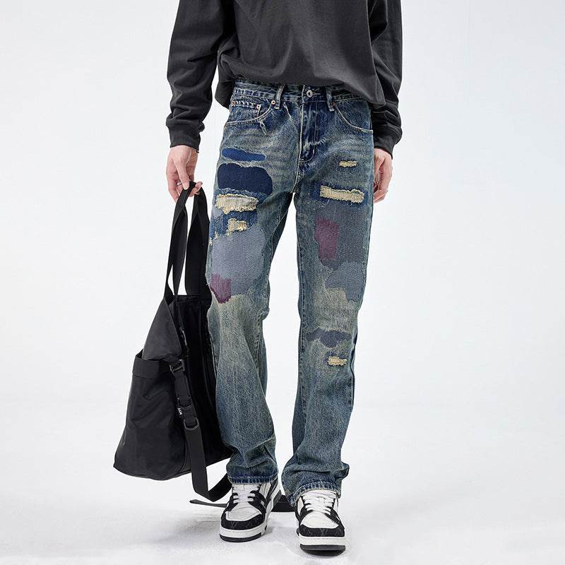 American Style Loose Broken Patch Straight Retro Denim Jeans pant Trousers Men - Velora