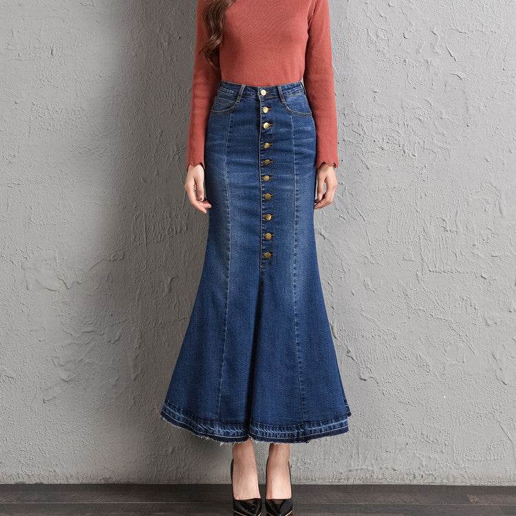 New Fashion Fitted Button up Mermaid Midi Denim Skirt - Velora