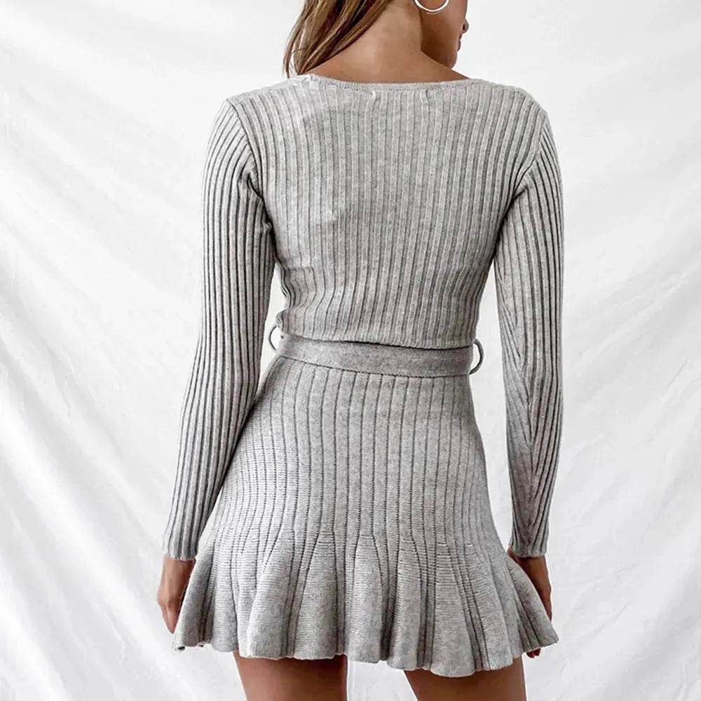 Autumn Winter V-neck Mini Flared Wrap sweater dress - Velora
