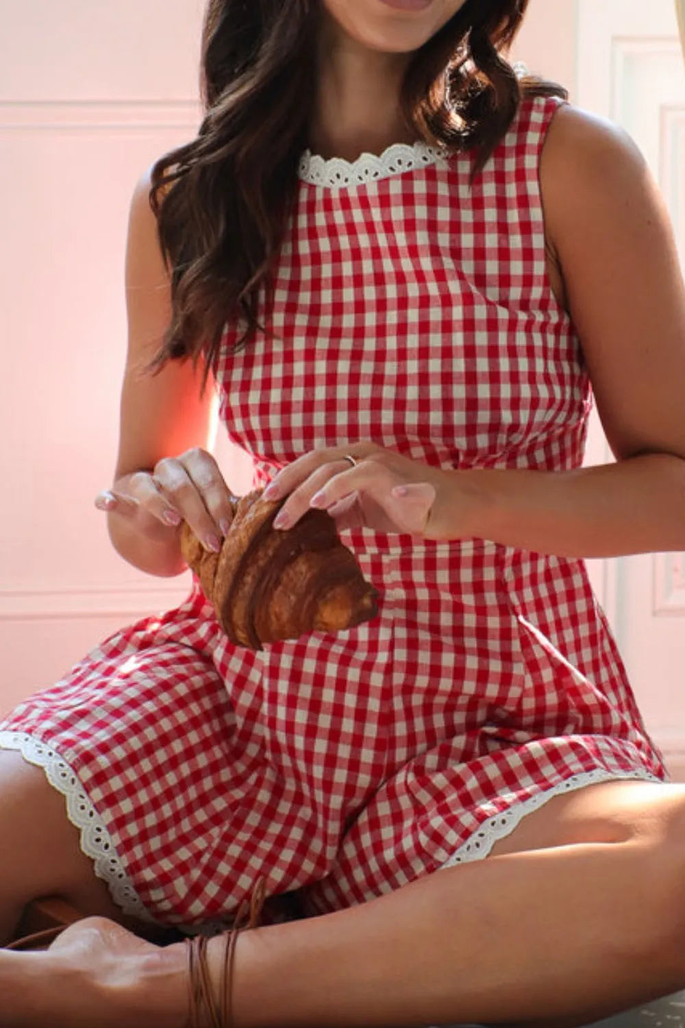 Lace Detail Plaid Sleeveless Romper - Velora