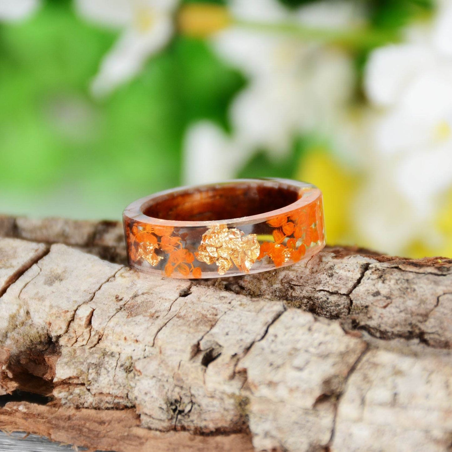 Handmade DIY romantic dry flower Real wood resin ring gold / silver paper inside ring women wedding party ring gifts for the lover - Velora