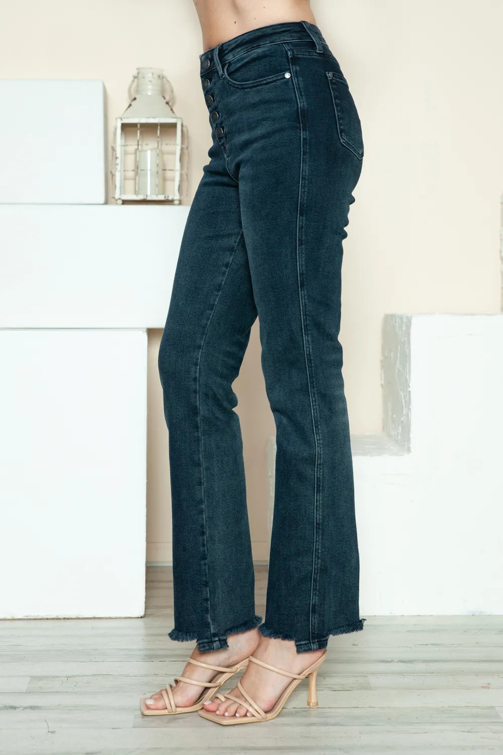 Judy Blue Full Size Button Fly Hem Destroy Straight Jeans - Velora