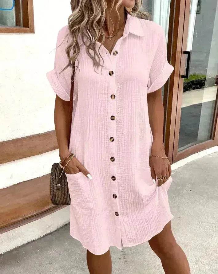 Womens Button Down Shirt Dress Summer Cotton Linen Dress V-Neck Mini Dress Casual Short Sleeve Loose Tunic Dresses - Velora