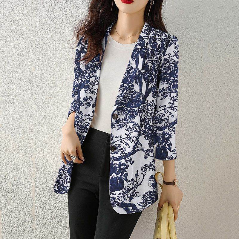 Women's Button Printed Long-sleeved Pocket Vintage Cotton And Linen jacket Blazer - Velora