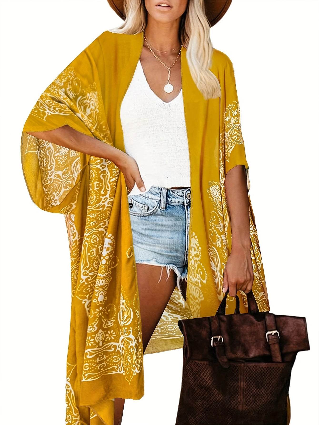 Spring Summer Printed Sun Protection Beach Kimono Cardigan Blouse top Women - Velora