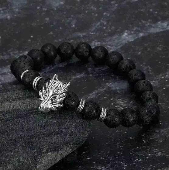 Asgard Crafted Grey Wolf Head And Lava Stone Bracelet - Velora