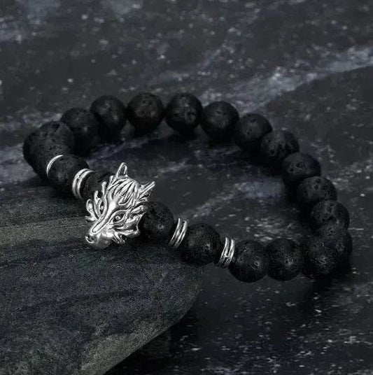 Asgard Crafted Grey Wolf Head And Lava Stone Bracelet - Velora