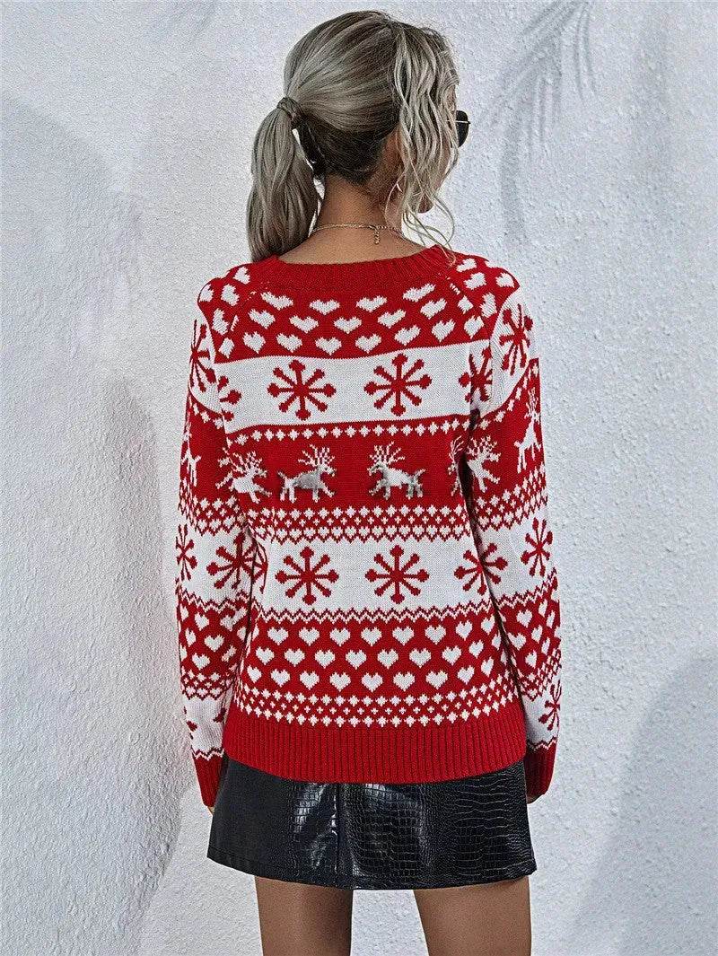 Elk Autumn And Winter New Knitted Round Neck Women's Christmas Snowflake Pullover Women's Sweater - Velora