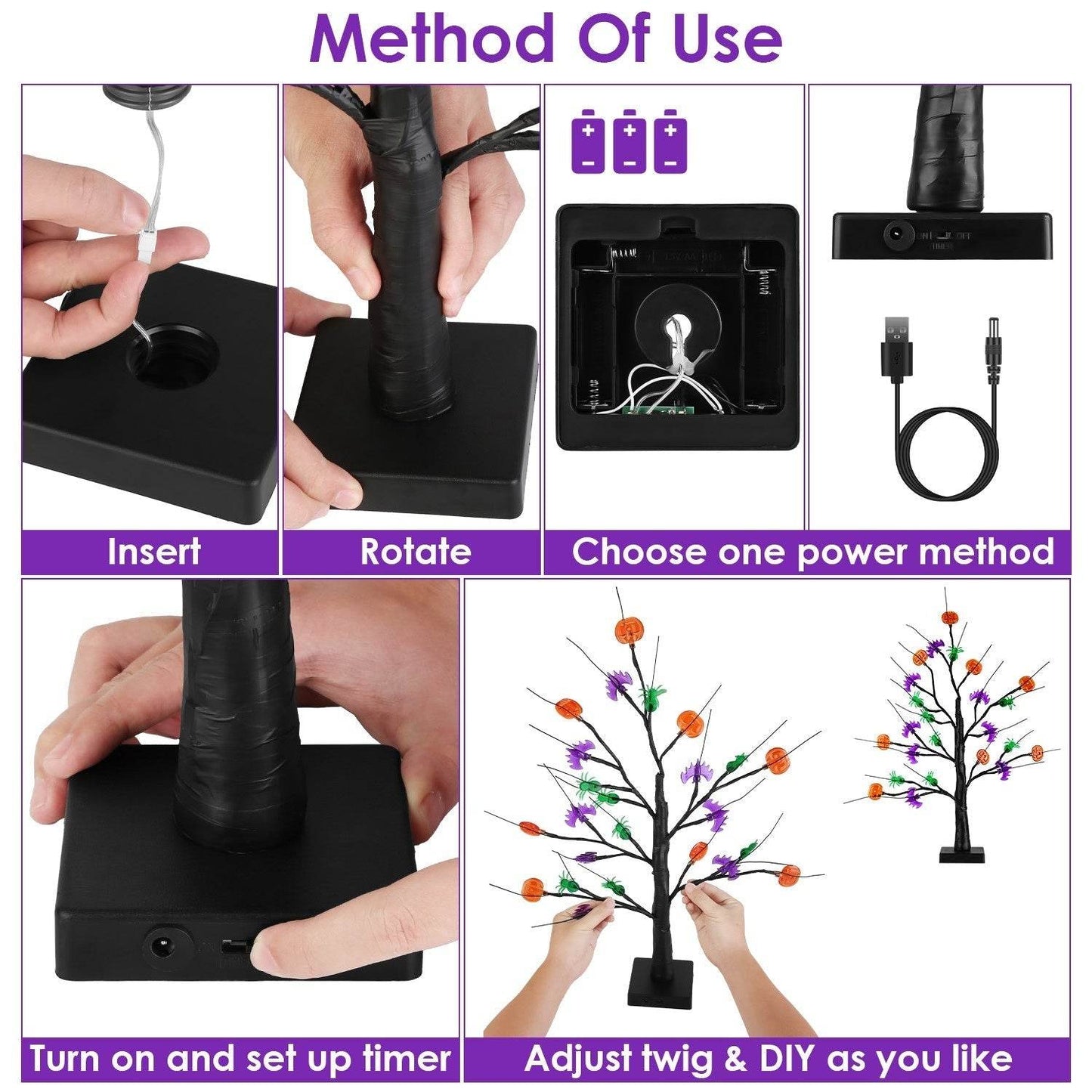 2Pack 1.97FT Lighted Halloween Trees Halloween Indoor Decorations Black Halloween Tree Lights With Timer Adjustable Twigs For Tabletop Party - Velora