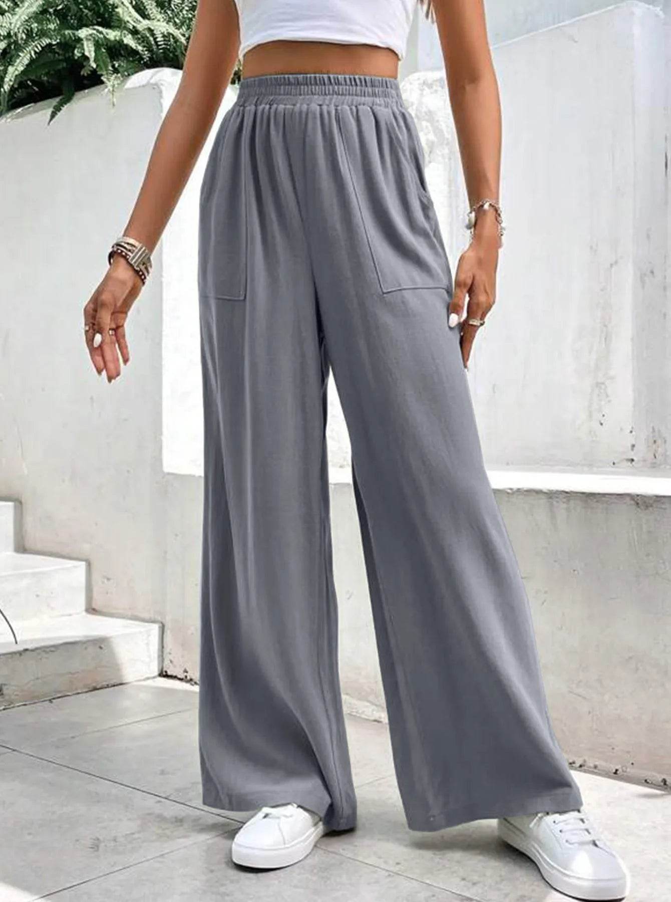 Women Middle-waisted Straight-leg Pants Loose Sports Pocket Casual Trousers - Velora