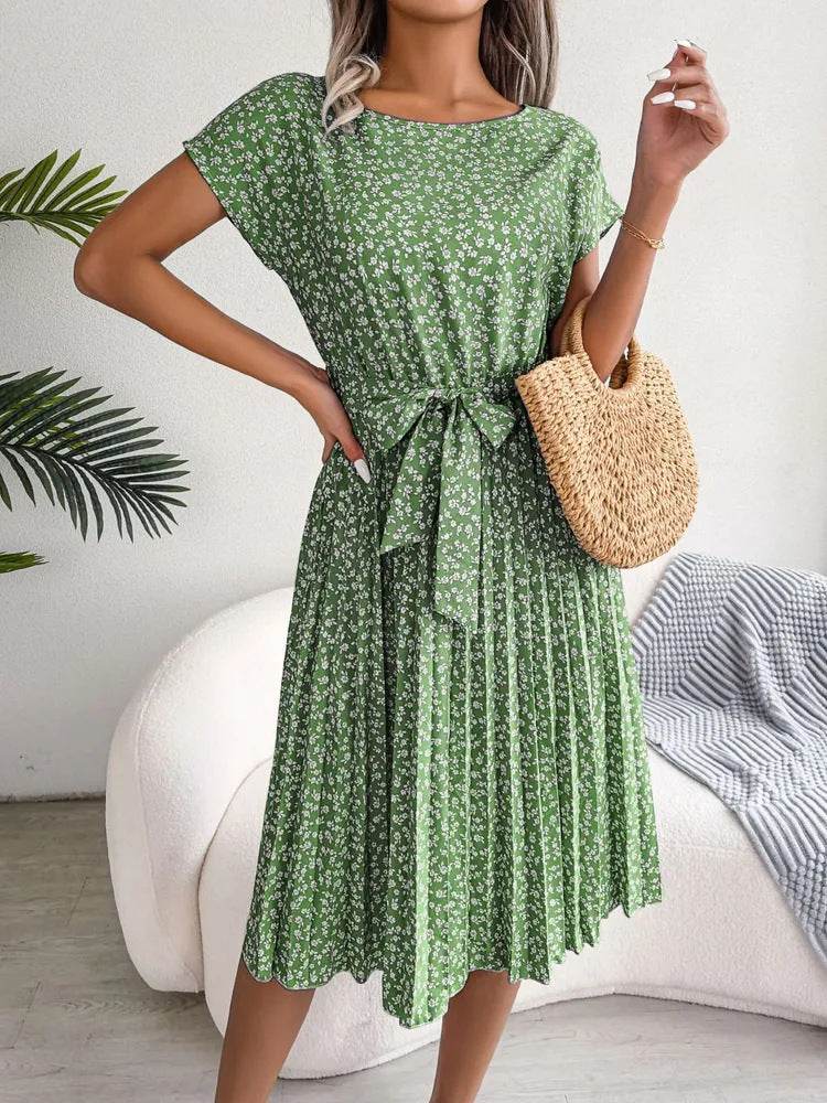 Casual Spring Summer Tie belt Pleated Floral Midi Dress - Velora