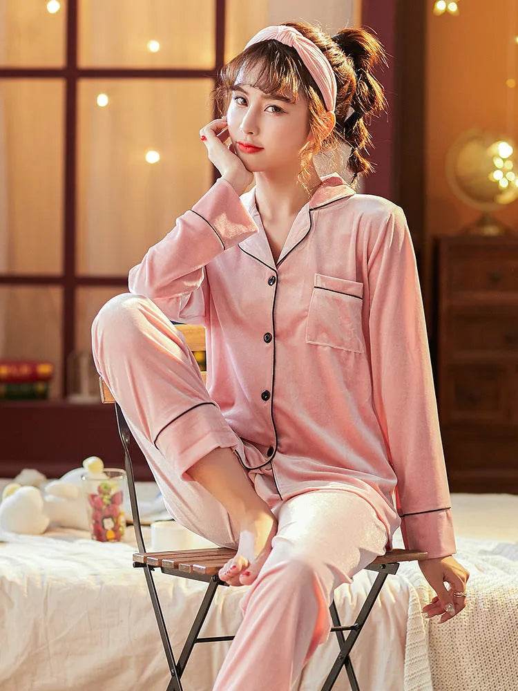 2pcs Couple Gold Velvet Long Sleeve Pajamas set - Velora