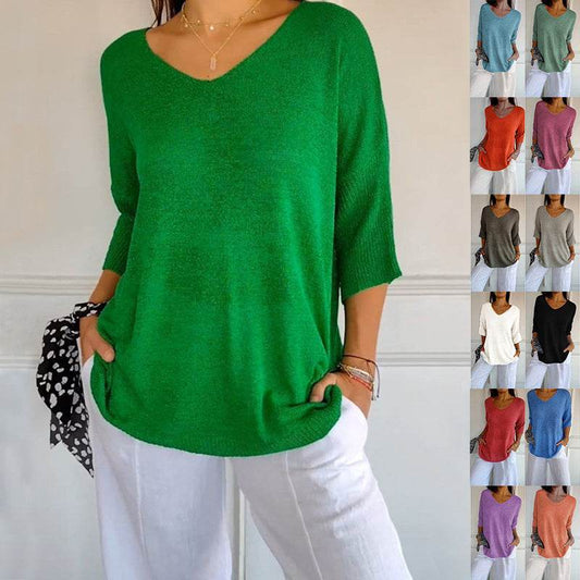 Solid Long Sleeve Sweater Slimming V-neckline Knitwear Women's Bottoming Shirt - Velora