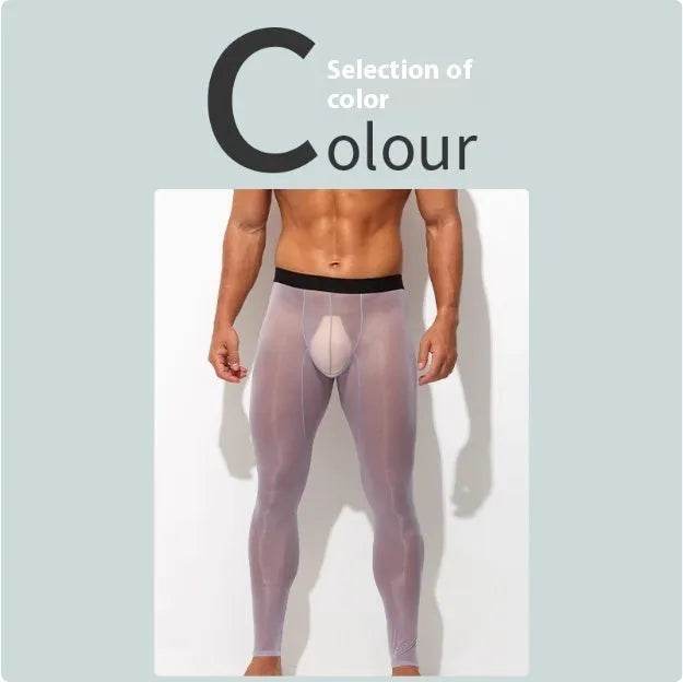 Men's Ultra thin Ice Silk Long John Skinny Flesh Nude Reflective Slim Leggings
