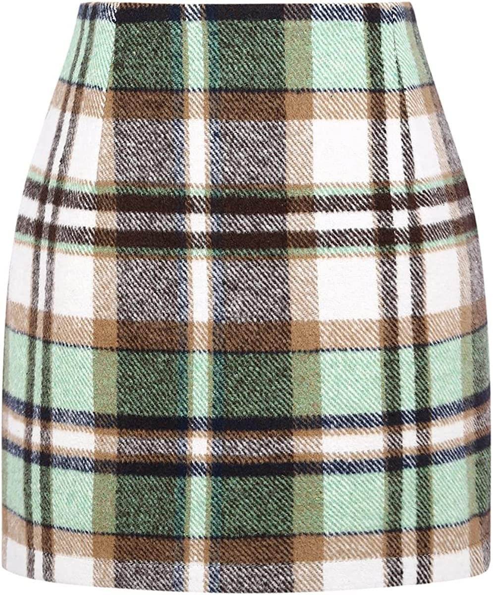 Women's High Waist Plaid Tight Pencil Wool Mini Skirt - Velora