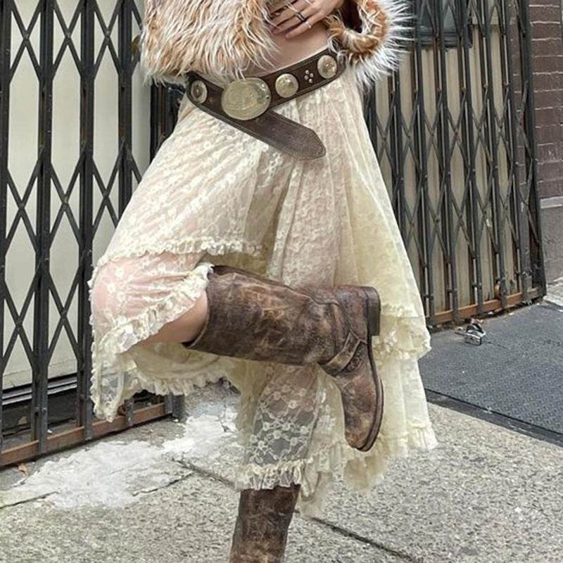 Fashionable Retro Trendy Irregular Midi Lace Skirt - Velora