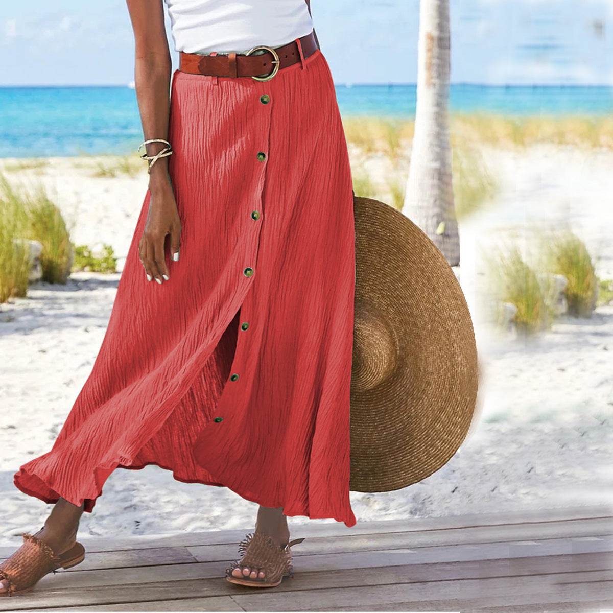 Women's summer Fashion Cotton Linen A-Line Hip Mid Waist Long maxi Skirt - Velora