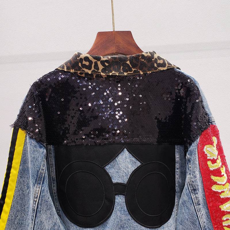 Single Breasted Embroidered Leopard Collar Denim Jacket Women - Velora