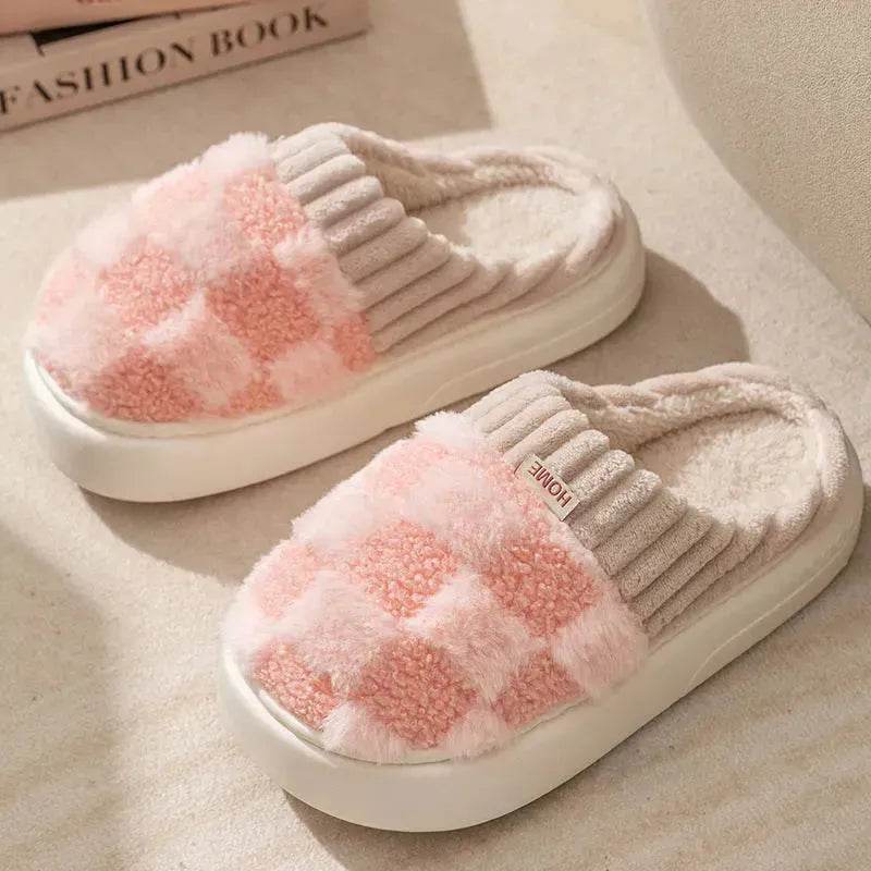 Plaid Plush Slippers Women's Indoor Plush Home Slippers Soft Sole Thick Non-Slip Warm House Shoes Couple Autumn And Winter - Velora