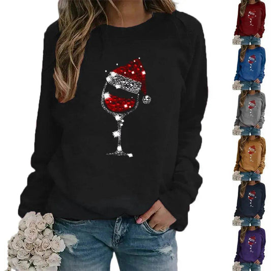 Clothing Christmas Women's Sweater Christmas Hat Red Wine Glass Graphic Print Crew Neck Long-sleeved Sweater - Velora