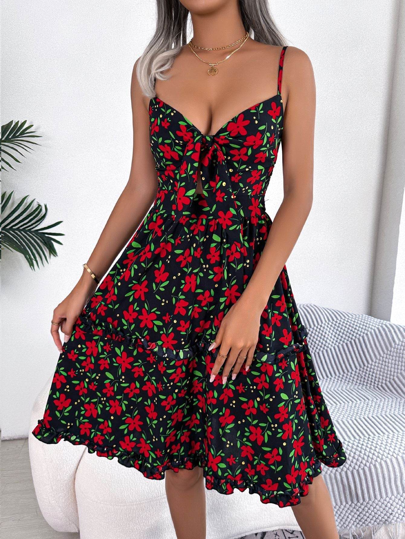 Spring And Summer Leisure Floral Spaghetti floral Midi Dress - Velora
